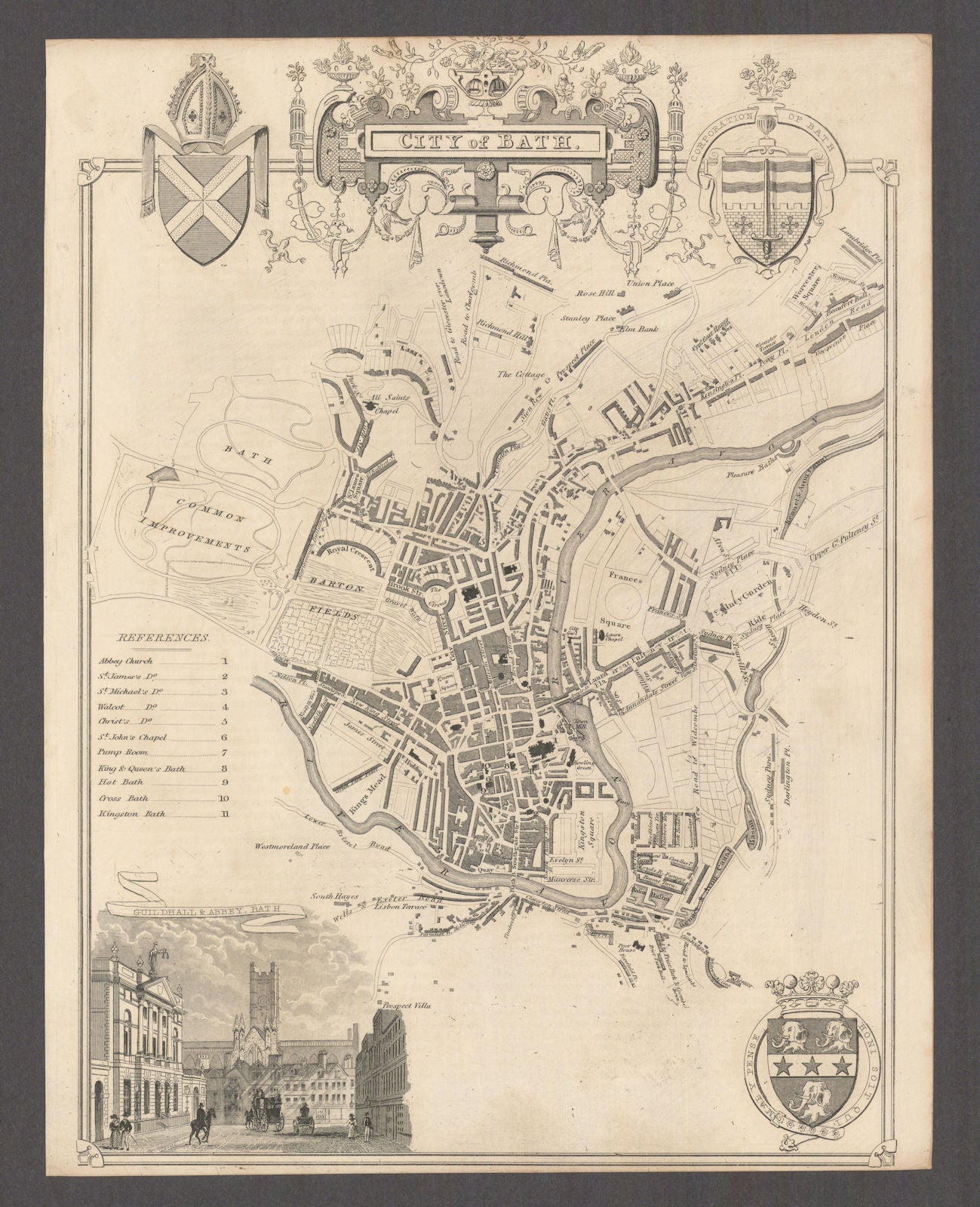 City of Bath antique town plan by Thomas Moule 1837 old map chart